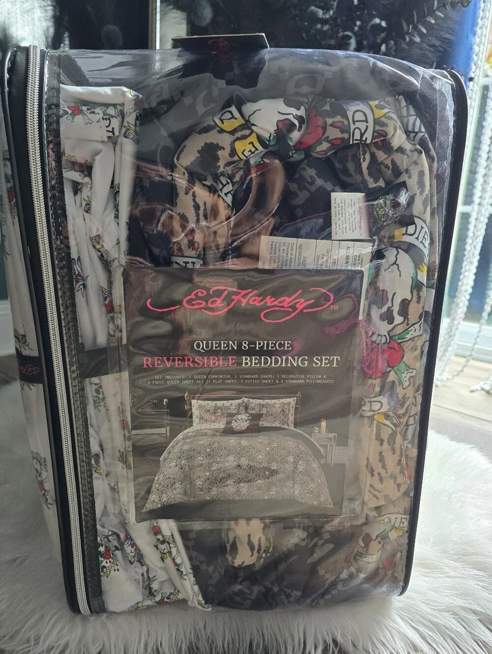 Ed Hardy Queen Leopard  8piece Reversible comforter set New